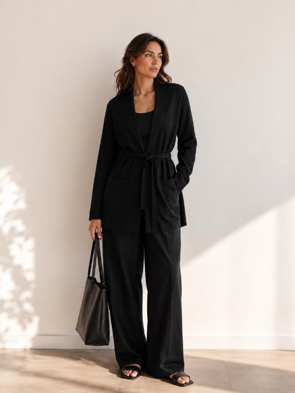 Babaton Ty Cardigan Wonder Yarn Long Duster Open Front Black Sz Small